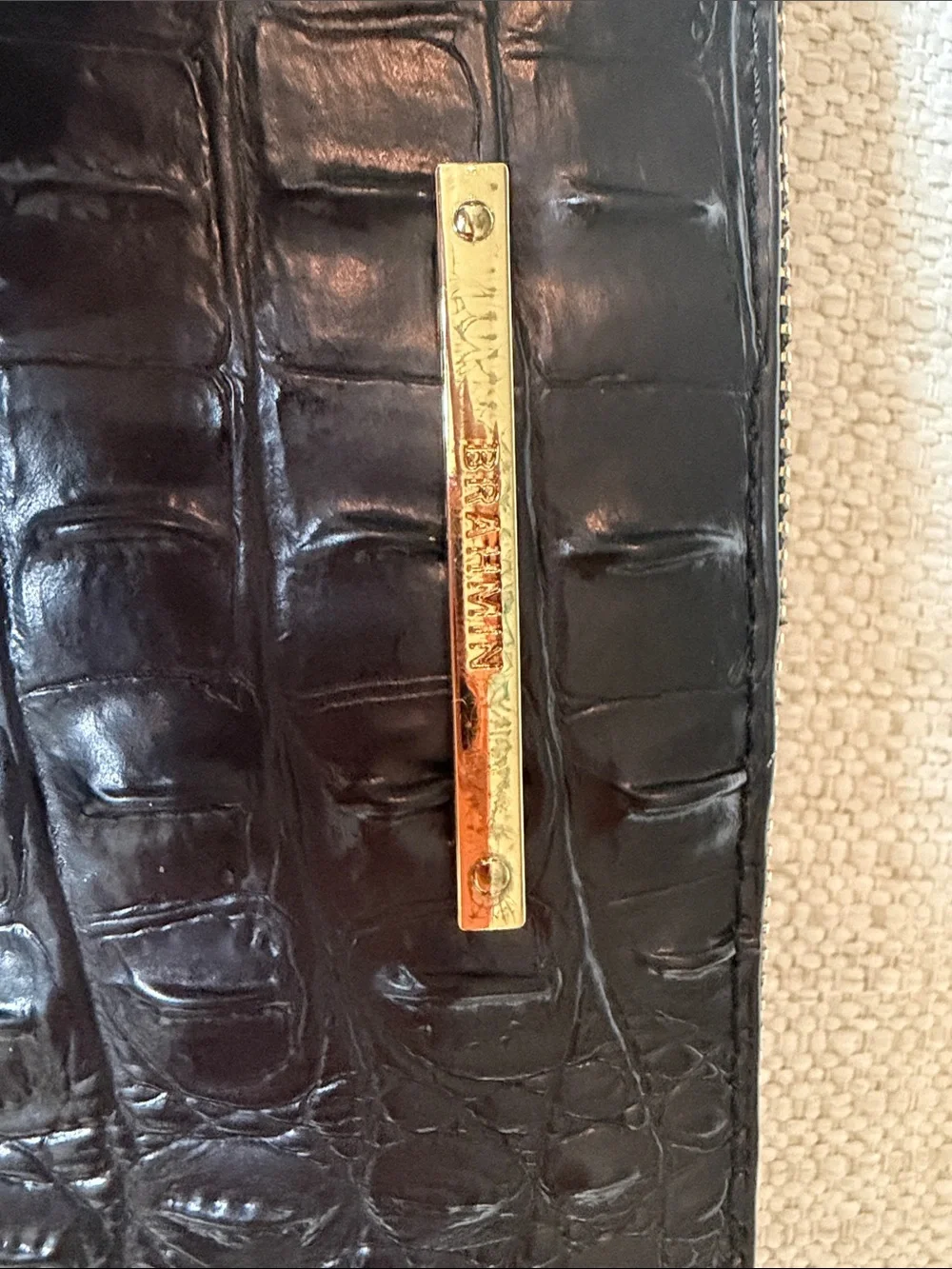 Brahmin Black Croc-Embossed Leather Zip Wallet with Gold Hardware
